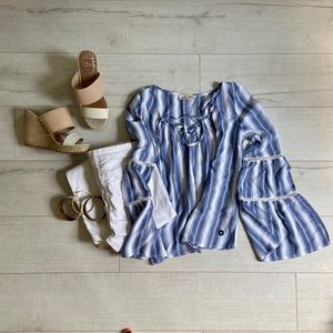 Blue and white bell sleeve top